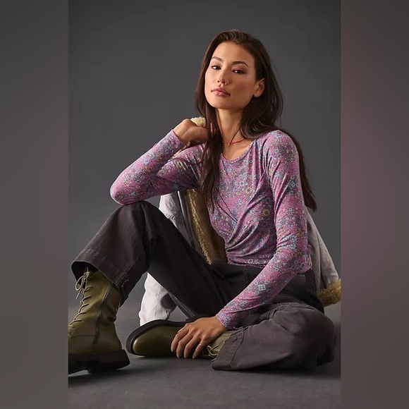 Anthropologie Daily Practice Long Sleeve Wrap Front Long Sleeve Boho Floral yoga - Picture 2 of 8